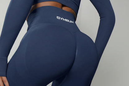Navy blue athletic outfit with 'GYMBUM' logo on a dark background