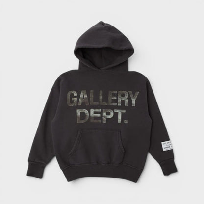 Kids black logo pullover hoodie with large front hood and kangaroo pocket
