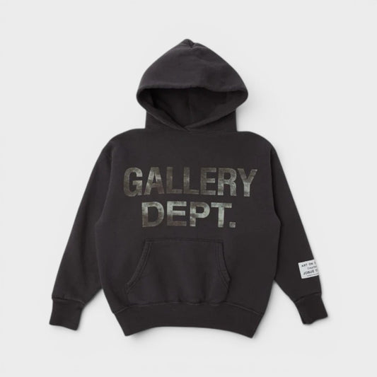 Kids black logo pullover hoodie with large front hood and kangaroo pocket