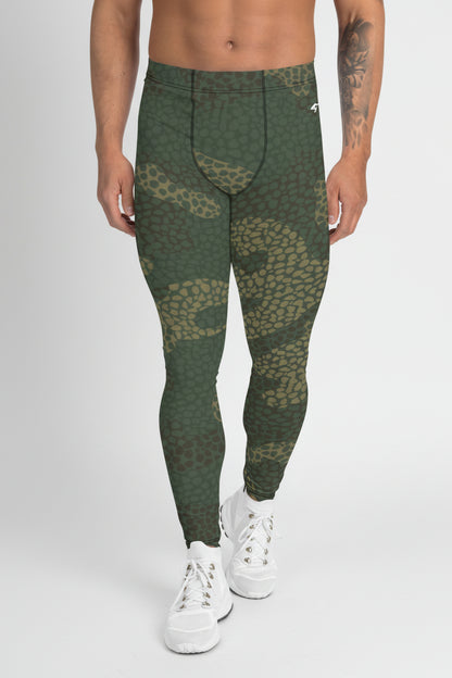 Person wearing green camouflage leggings on a white background