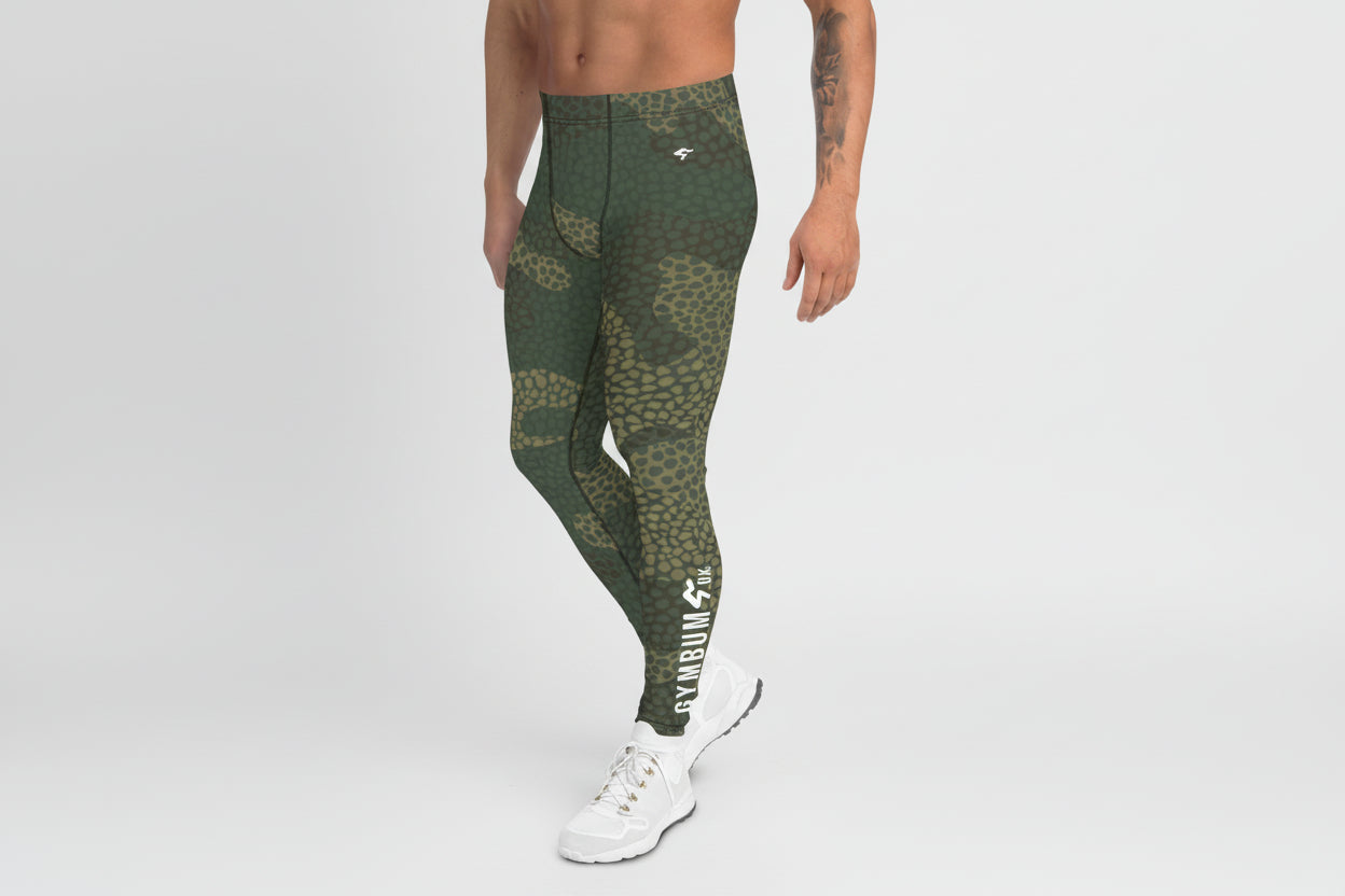 Person wearing green camouflage leggings on a white background