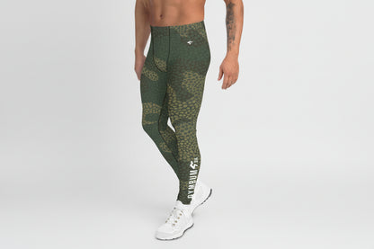 Person wearing green camouflage leggings on a white background