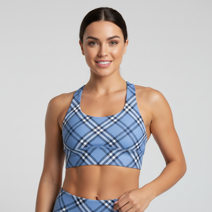 GymBum UK Highland Check Longline Sports Bra - Blue
