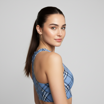 GymBum UK Highland Check Longline Sports Bra - Blue