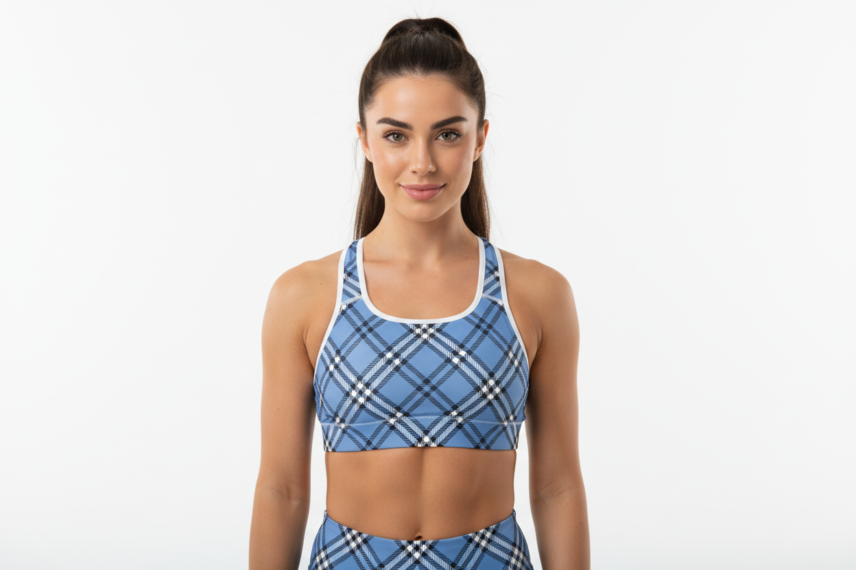 Woman wearing a blue plaid sports bra and leggings on a white background