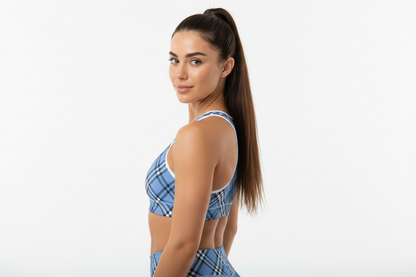 GymBum UK Highland Check Padded Sports Bra– Blue