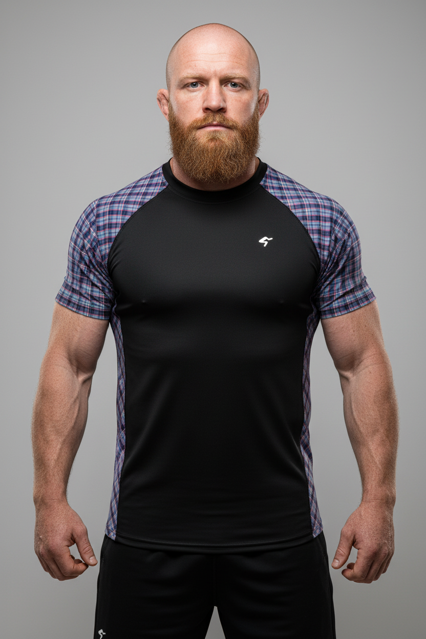 Man wearing a black and plaid short-sleeve shirt with a logo on a gray background