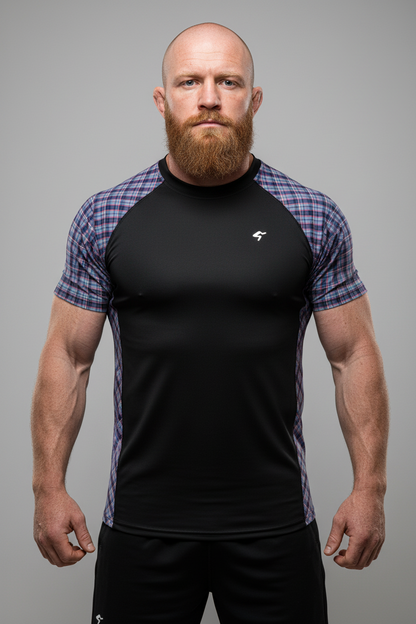 Man wearing a black and plaid short-sleeve shirt with a logo on a gray background