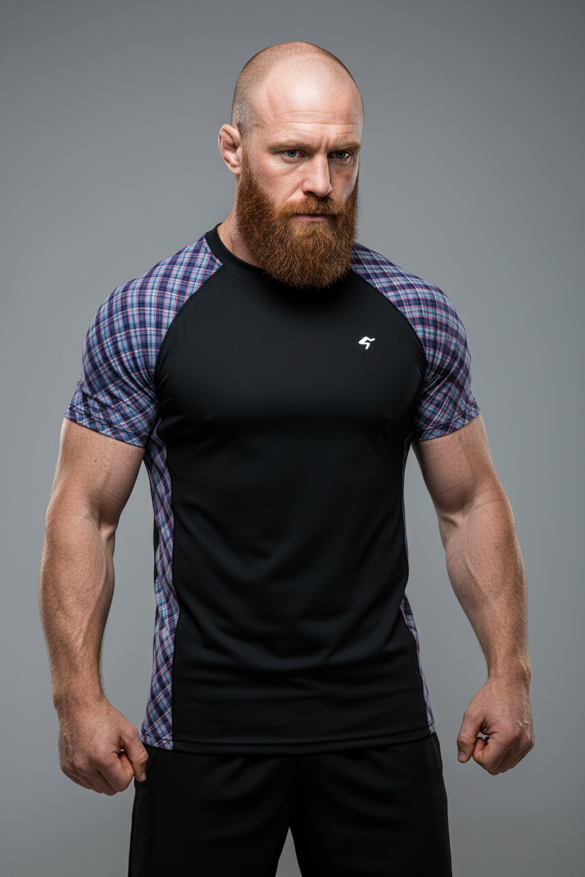 Man wearing a black t-shirt with plaid sleeves against a gray background
