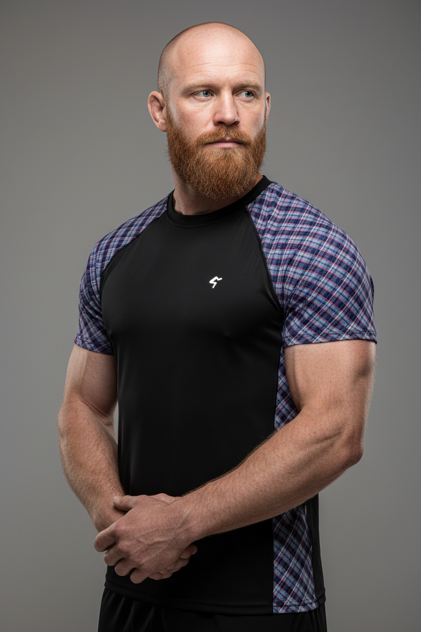 Man wearing a black and plaid sports shirt against a gray background