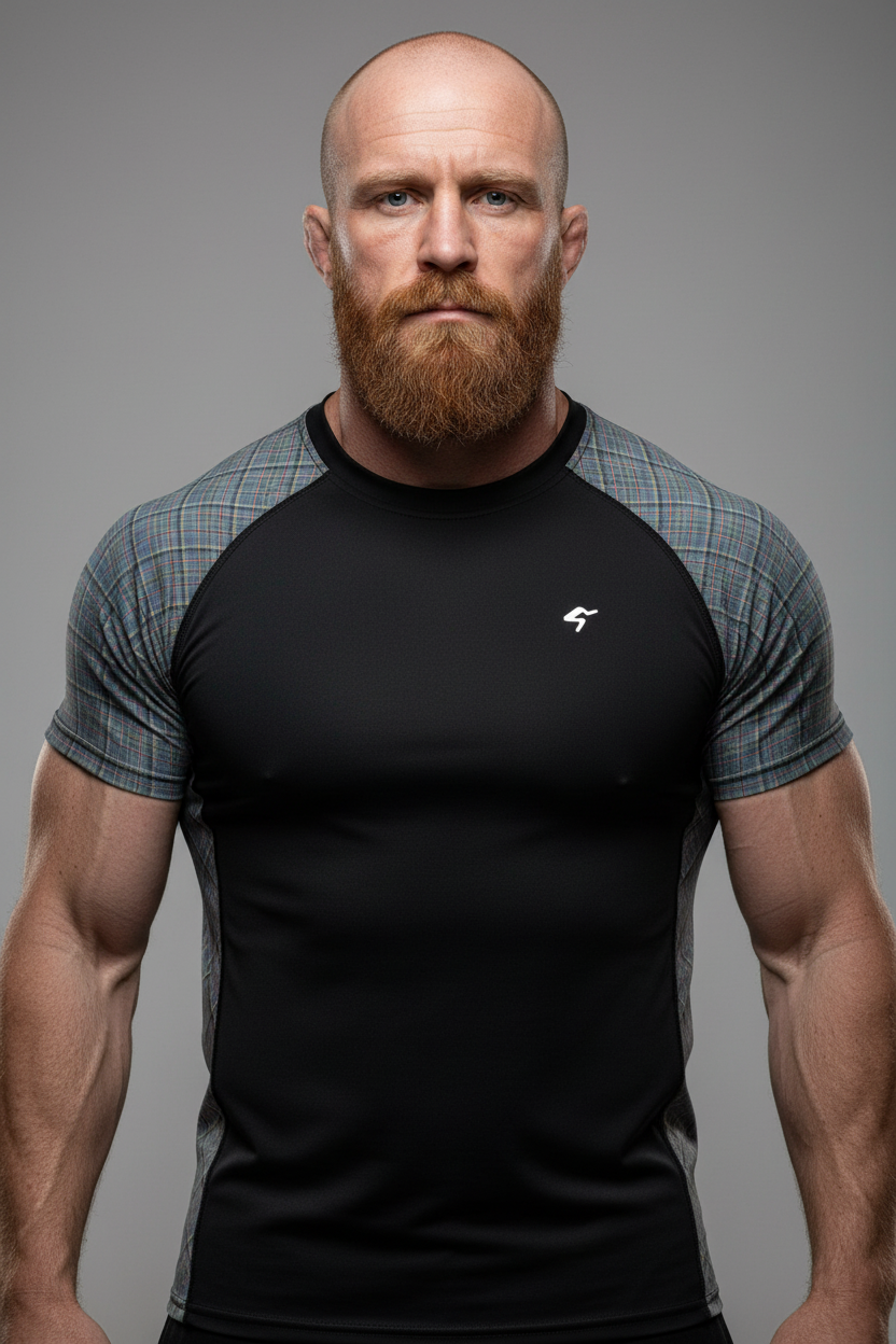 Man wearing a black and gray athletic shirt with a logo on a gray background