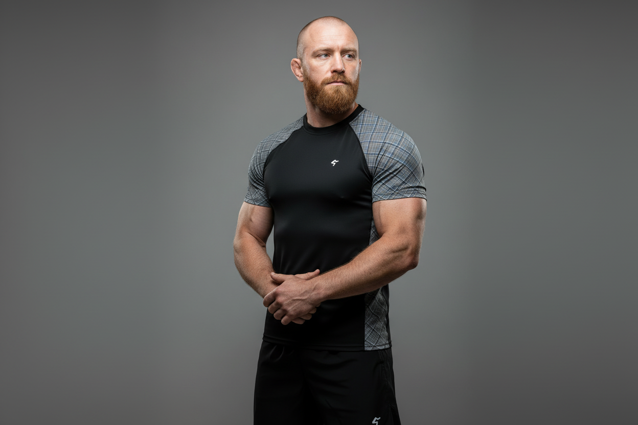 Man wearing a black and gray athletic outfit on a gray background