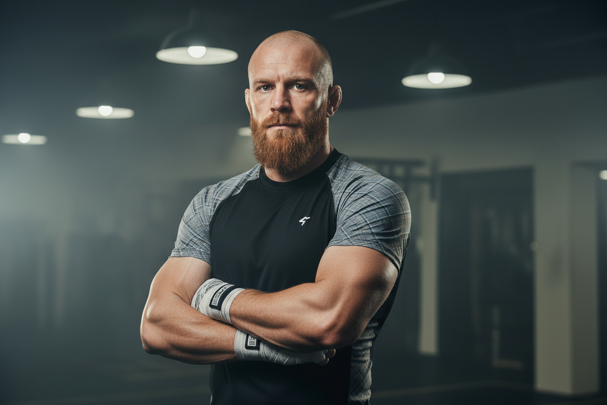 Muscular man with a beard standing in a gym with arms crossed