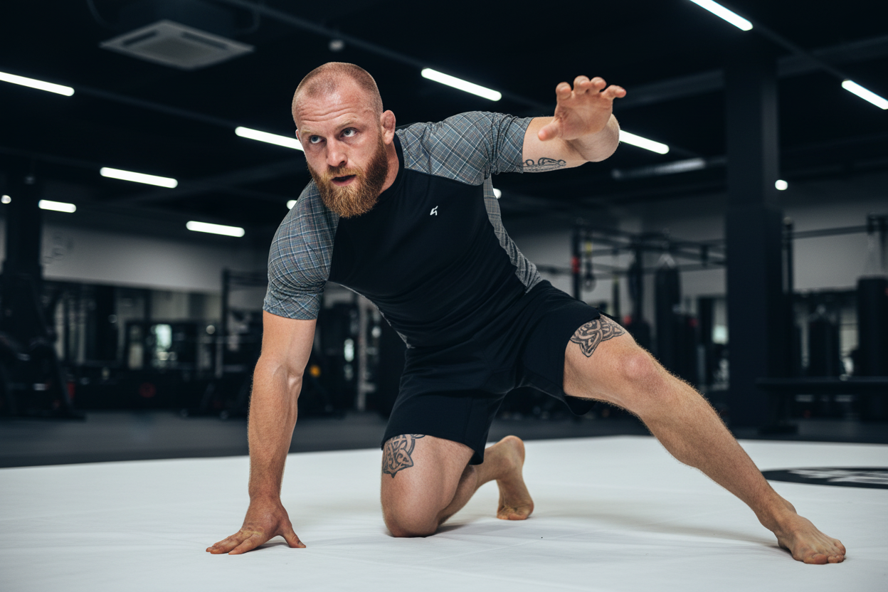 Man in athletic wear performing a yoga pose on a white mat in a gym.