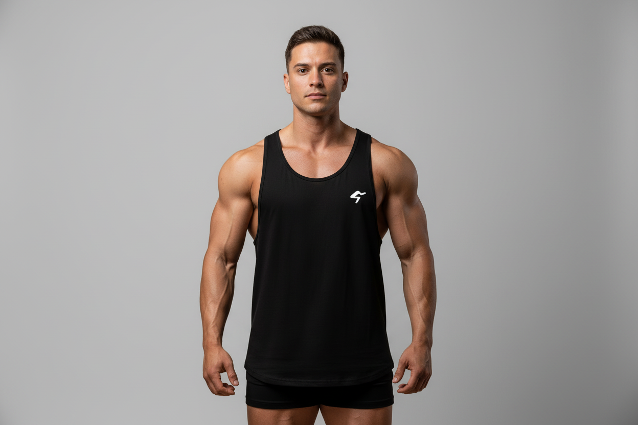 Muscular man wearing a black tank top with a logo on a gray background