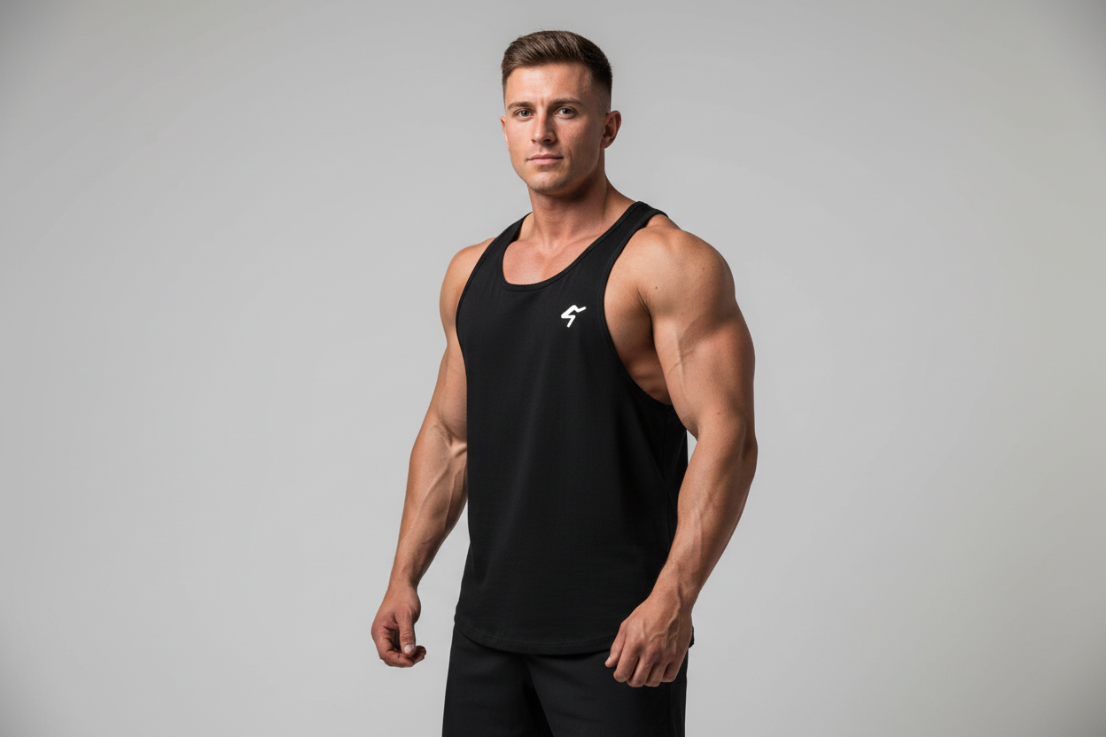 Muscular man wearing a black tank top with a logo on a gray background