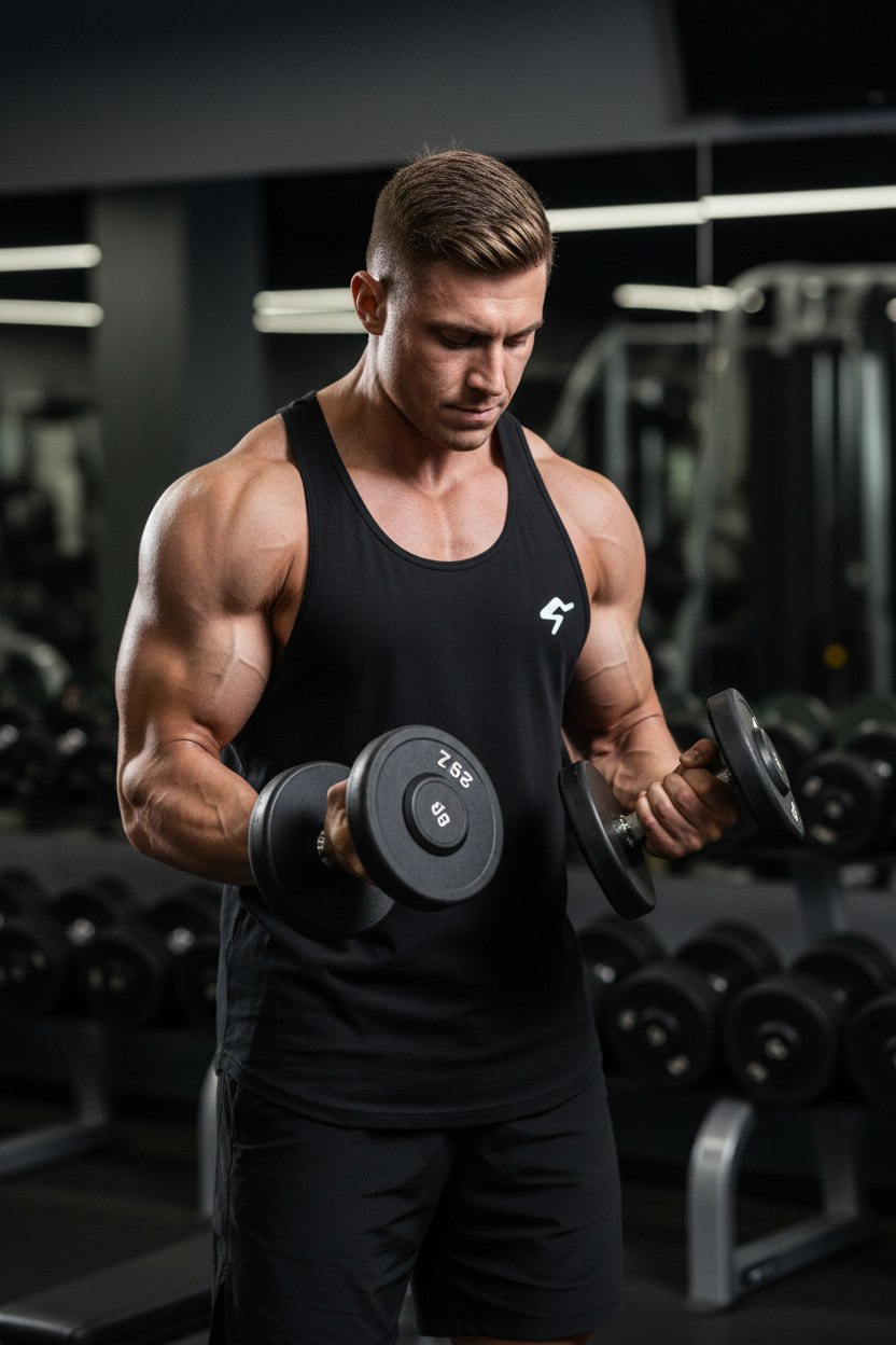 Man lifting dumbbells in a gym setting