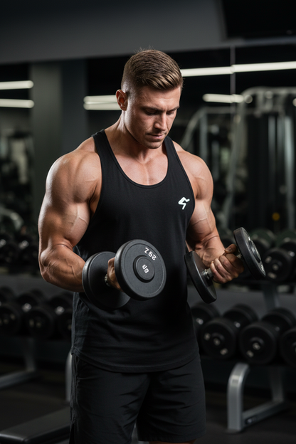 Man lifting dumbbells in a gym setting