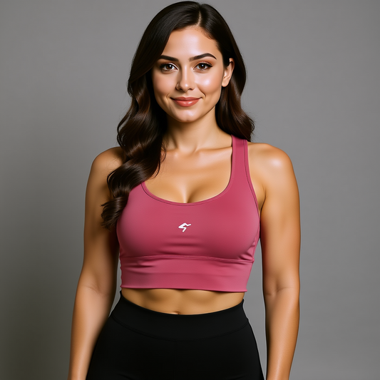 Woman wearing a pink sports bra with a logo on a gray background