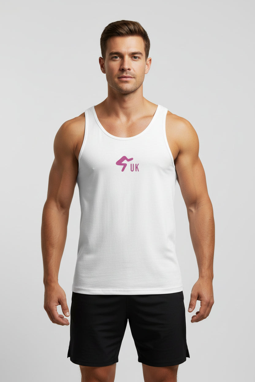 White tank top with a pink logo on the front, structural side seams, and a round neckline.