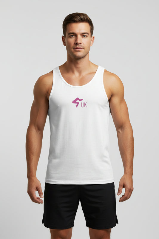 White tank top with a pink logo on the front, structural side seams, and a round neckline.