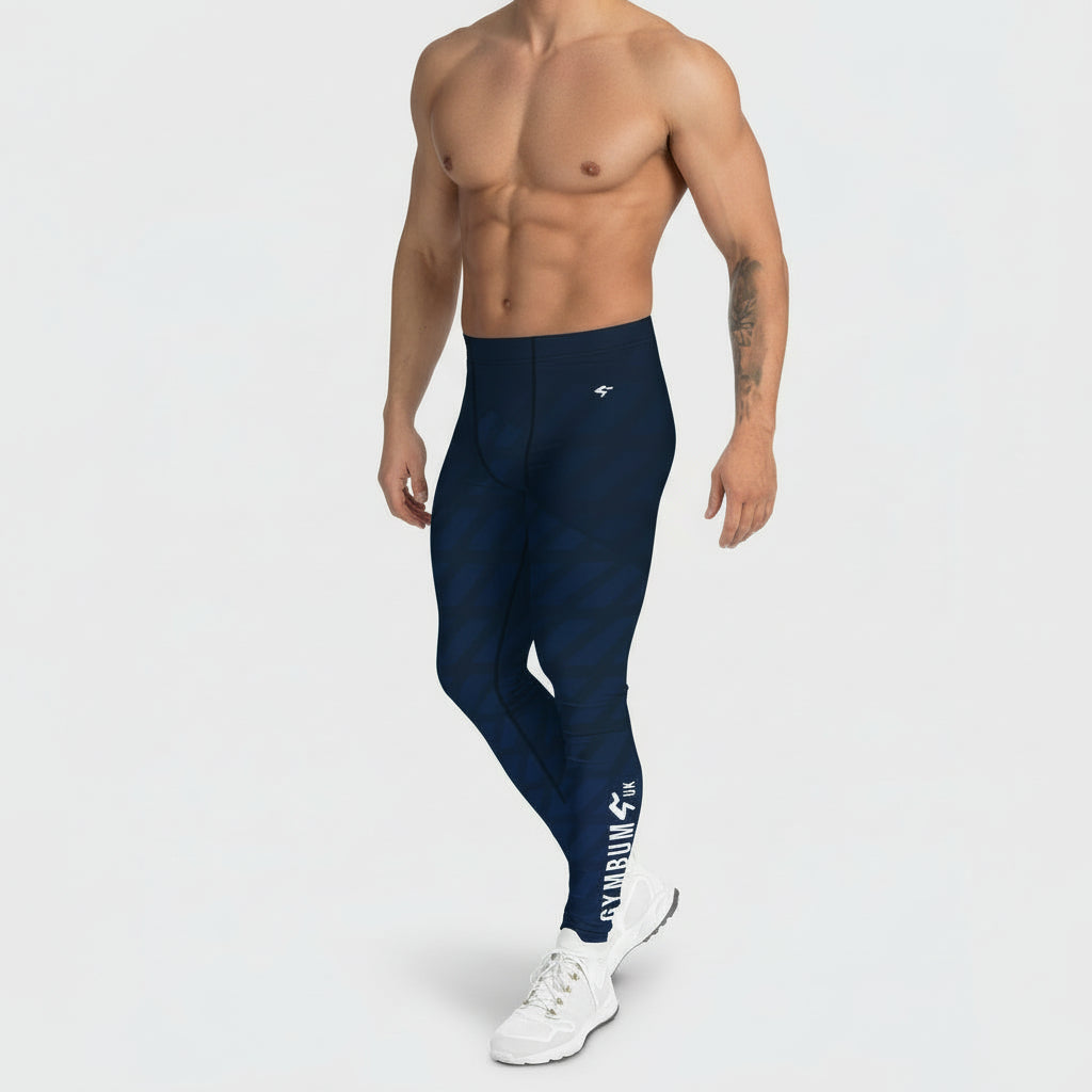 Person wearing navy leggings with a logo and text on a white background