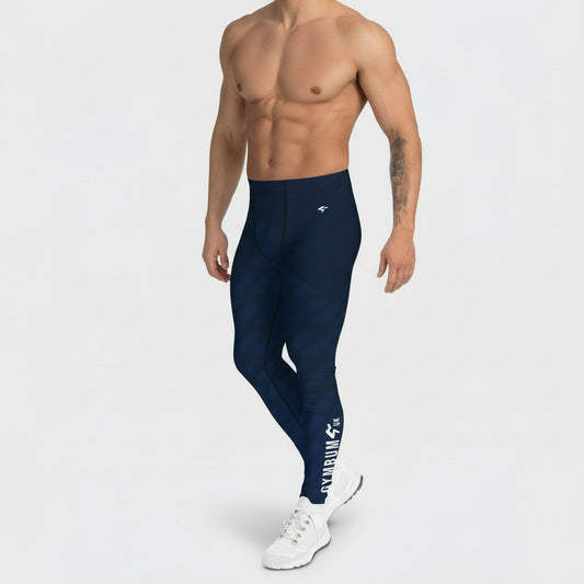 Person wearing navy leggings with a logo and text on a white background