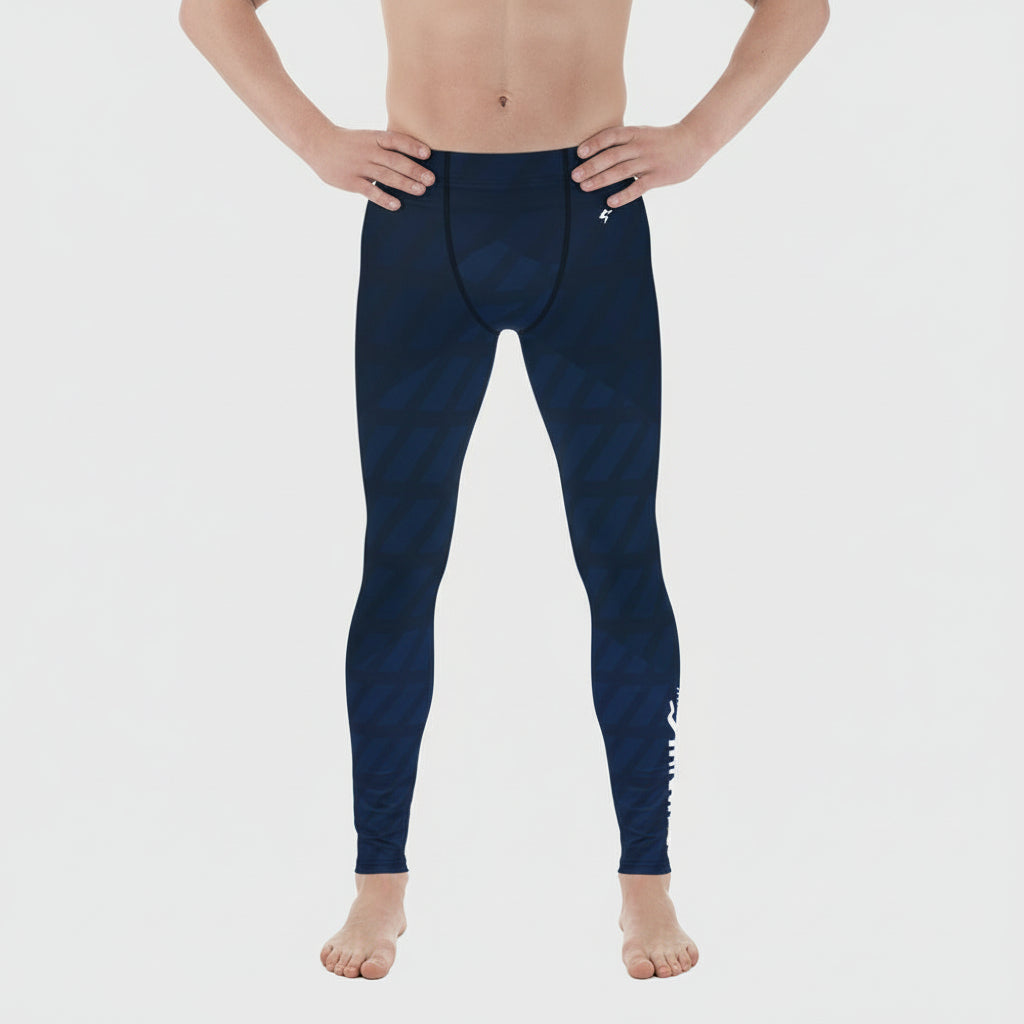 A man wearing navy blue Gymbum UK men's leggings with a geometric pattern on the lower legs.