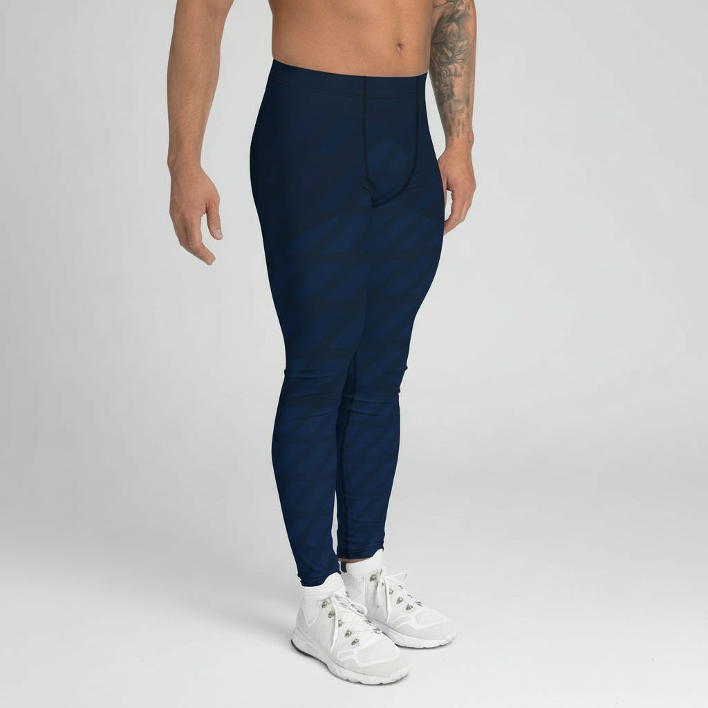 Person wearing navy blue jogger pants and white sneakers on a gray background