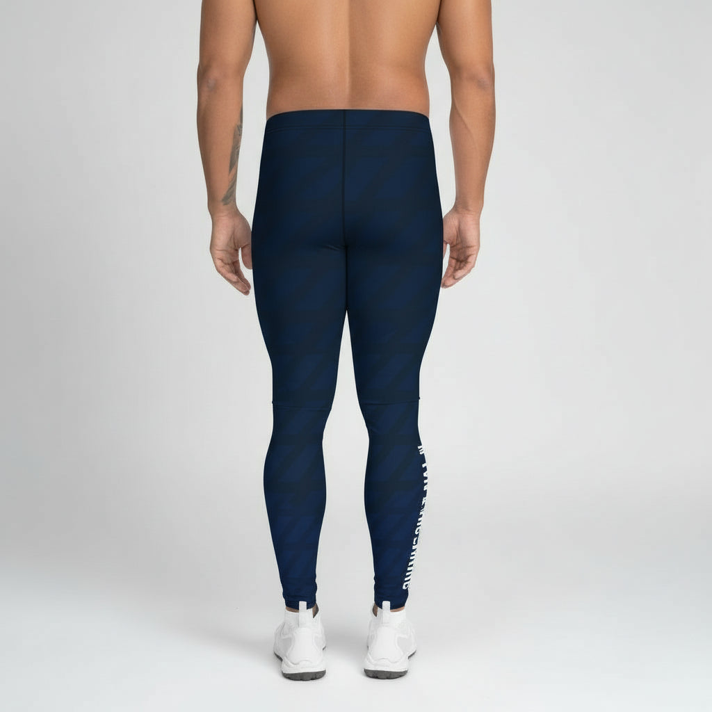 Navy blue leggings with white text on a gray background
