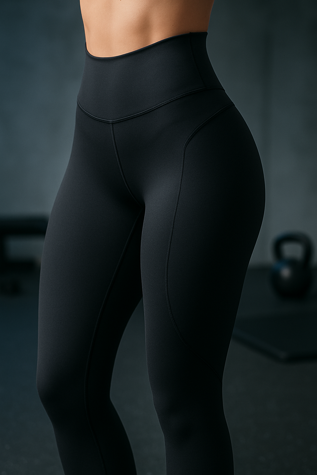 Person wearing black leggings with a blurred gym background