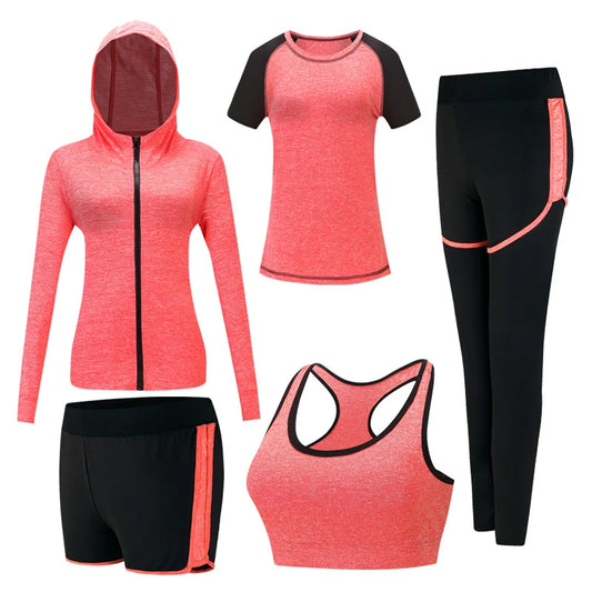 Quick dry women yoga clothing hoodie +t shirt+bra+shorts+pants