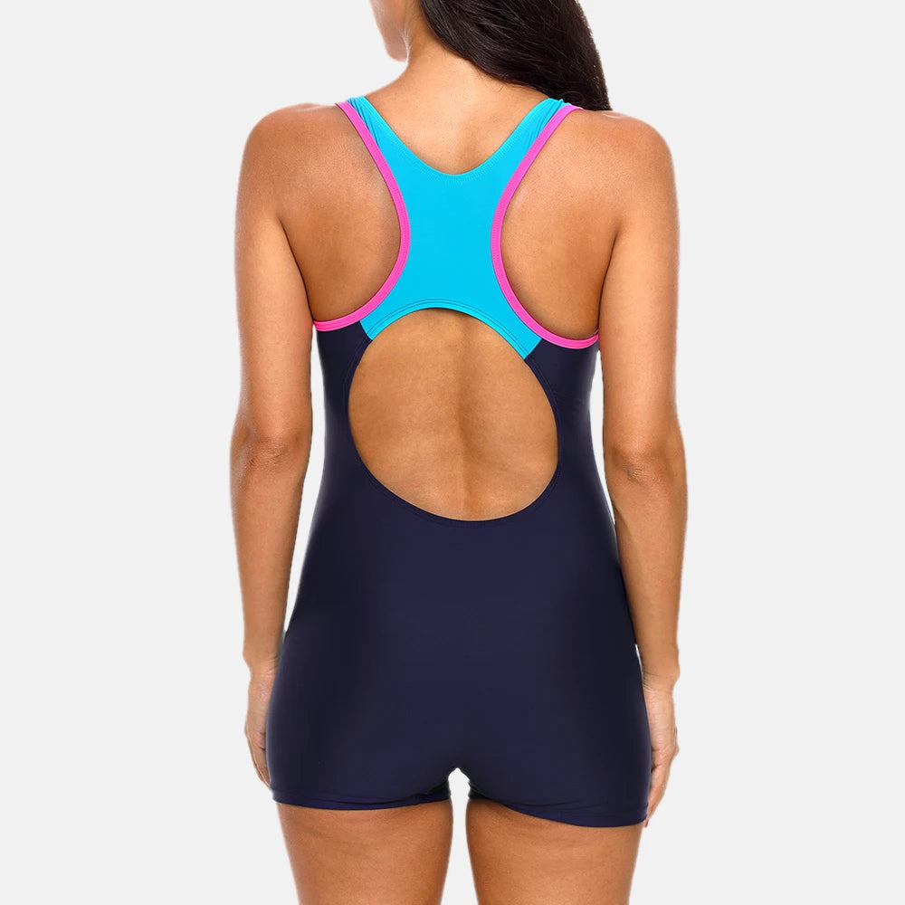 Attraco One-Piece Women’s Sports Swimwear - Colourblock Open Back Swimsuit