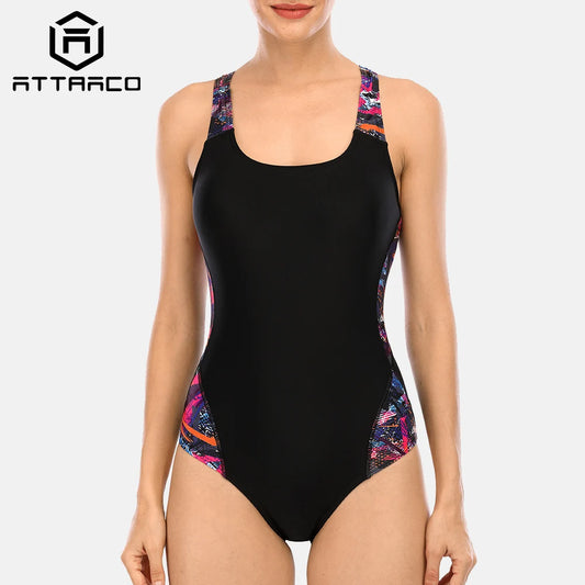 Attraco Women's One Piece Sports Swimsuit - Professional Swimwear Colourblock Print Beach Wear Bathing Suit