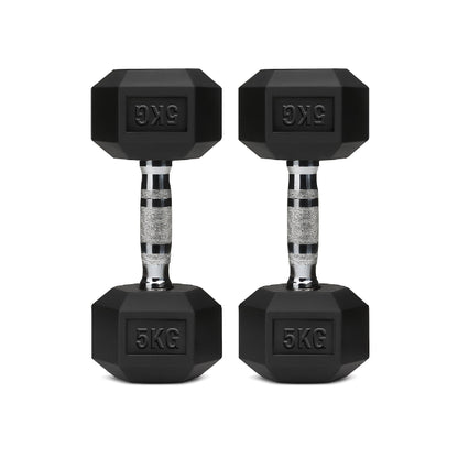 Rubber-coated hex dumbbell pair, black with silver knurled handles, 5 kg labels