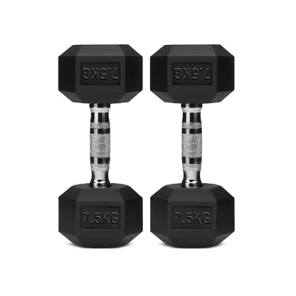 Rubber-coated hex dumbbell pair, black with silver knurled handles, 7.5 kg labels