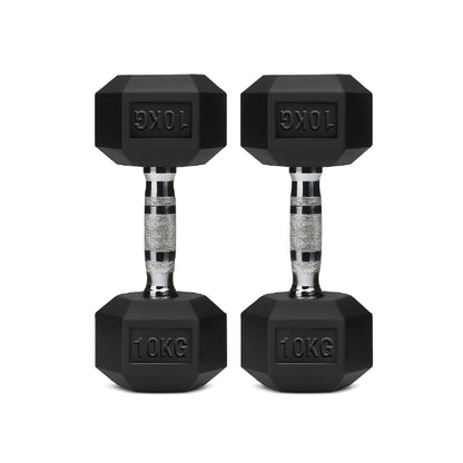 Rubber-coated hex dumbbell pair, black with silver knurled handles, 10 kg labels