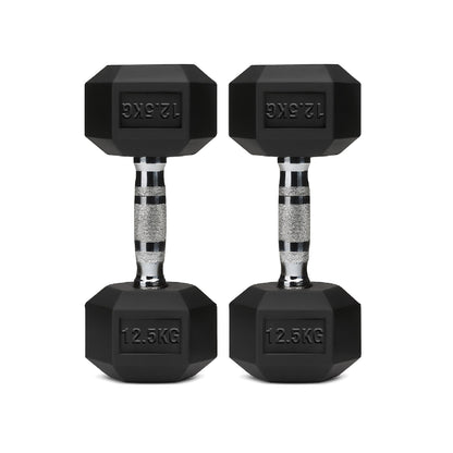 Rubber-coated hex dumbbell pair, black with silver knurled handles, 12.5 kg labels