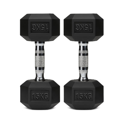 Rubber-coated hex dumbbell pair, black with silver knurled handles, 15 kg labels