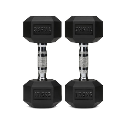 Rubber-coated hex dumbbell pair, black, 17.5 kg each, knurled handles with engraved mark.
