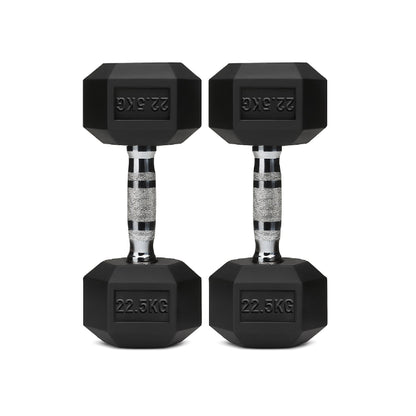 Rubber-coated hex dumbbell pair, black, 22.5 kg each, knurled handles with engraved mark.