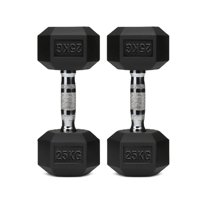 Rubber-coated hex dumbbell pair, black, 25 kg each, knurled handles with engraved mark.