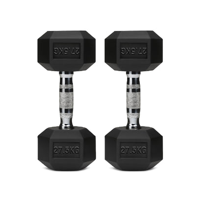 Rubber-coated hex dumbbell pair, black, 27.5 kg each, knurled handles with engraved mark.
