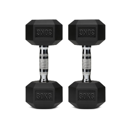 Rubber-coated hex dumbbell pair, black, 30 kg each, knurled handles with engraved mark.