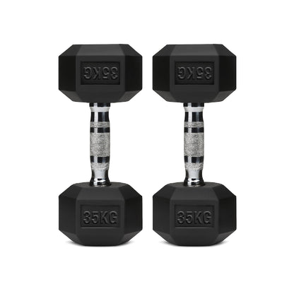 Rubber-coated hex dumbbell pair, black, 35 kg each, knurled handles with engraved mark.