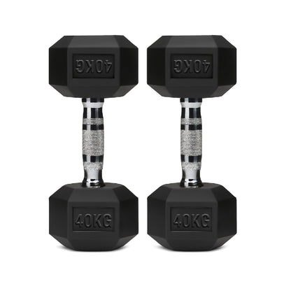 Rubber-coated hex dumbbell pair, black, 40 kg each, knurled handles with engraved mark.