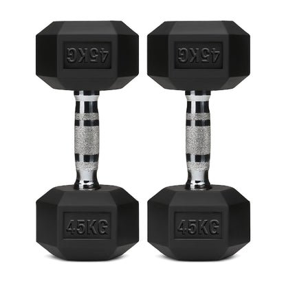 Rubber-coated hex dumbbell pair, black, 45 kg each, knurled handles with engraved mark.
