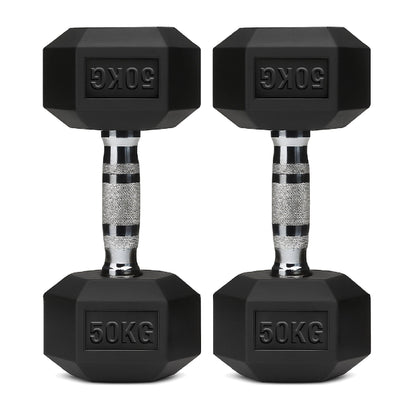 Rubber-coated hex dumbbell pair, black, 50 kg each, knurled handles with engraved mark.