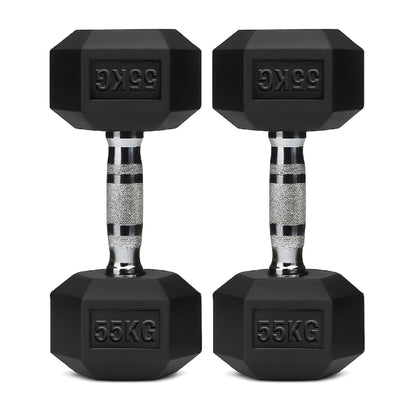 Black rubber hex dumbbells pair with knurled chrome handle, 55kg weight markings