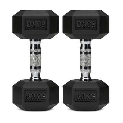 Black rubber hex dumbbells pair with knurled chrome handle, 60kg weight markings